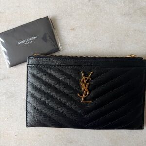 Saint Laurent Quilted Black Pouch with Gold Accents